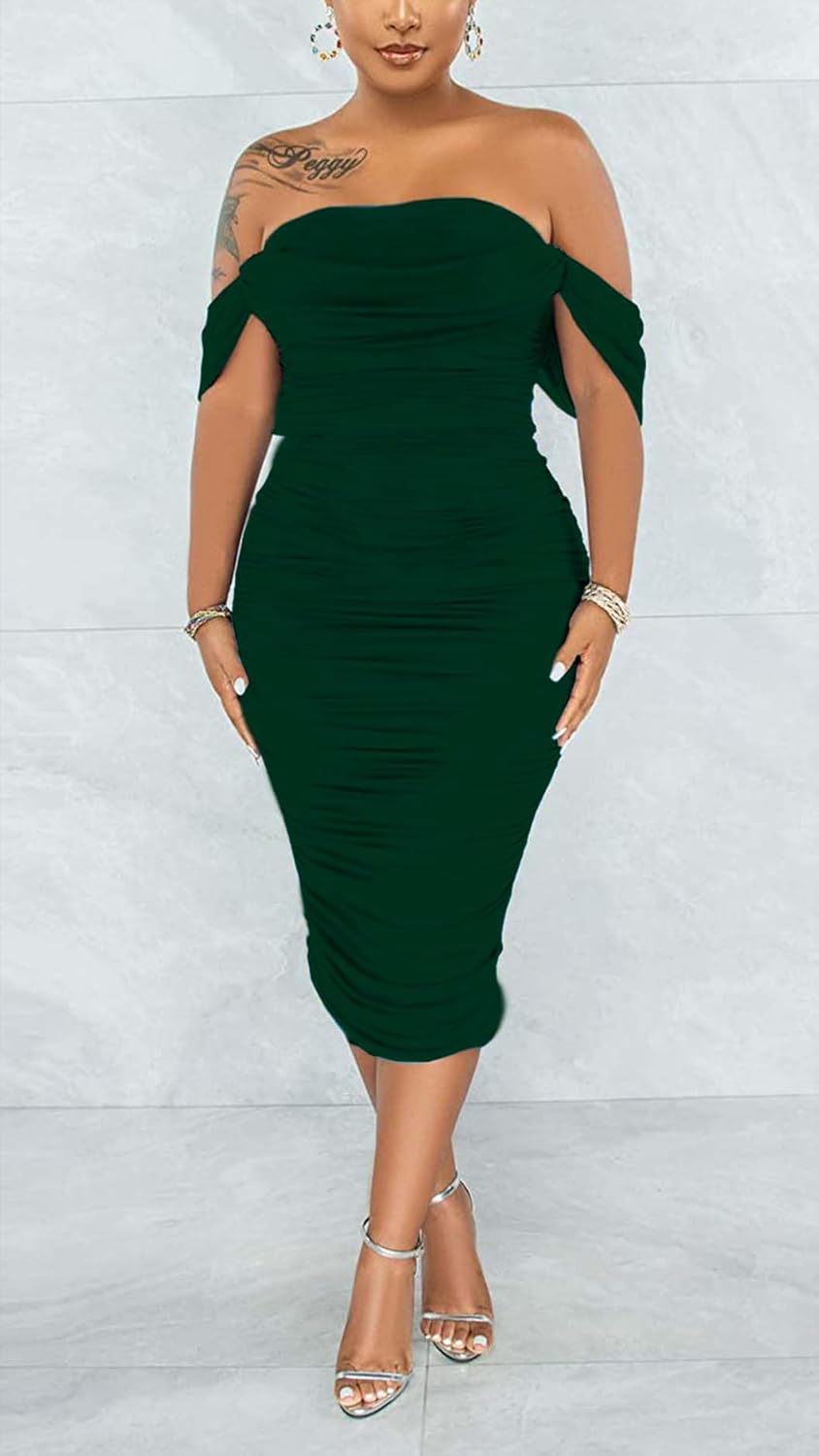 Women's Sexy Off Shoulder Sleeveless Bodycon Ruched Midi Elegant Cocktail Evening Party Night Tube Dresses - Image 2