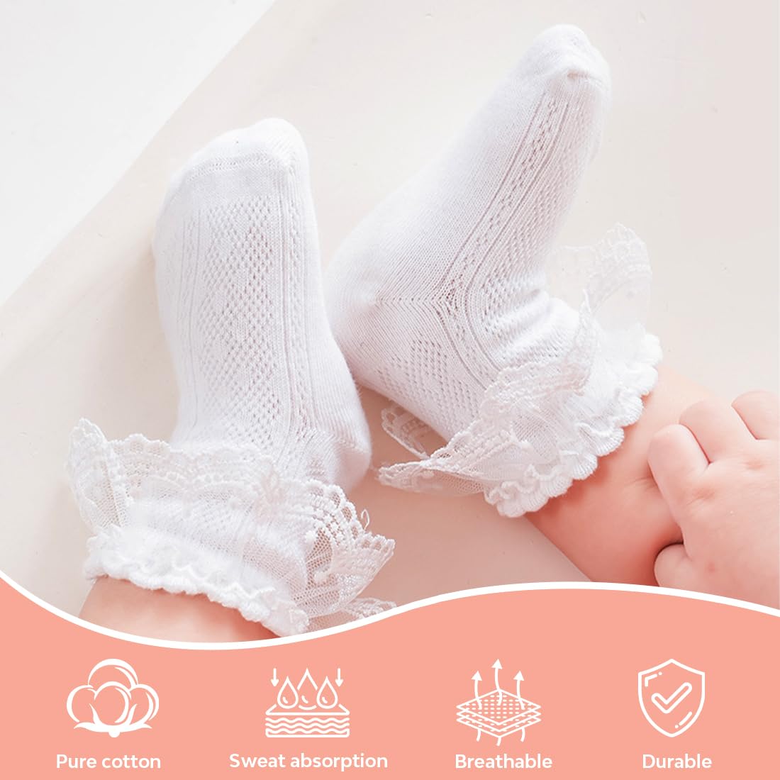 Confezione da 2 calzini in pizzo con volant, per bambini, per la scuola, per bambini, con volant, in cotone, pizzo, per battesimo, occhielli, per neonati