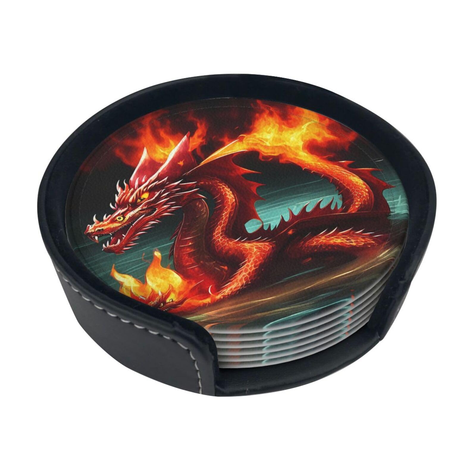 Dragon King in Fire Leather Coasters-Set of 6 with Storage Holder