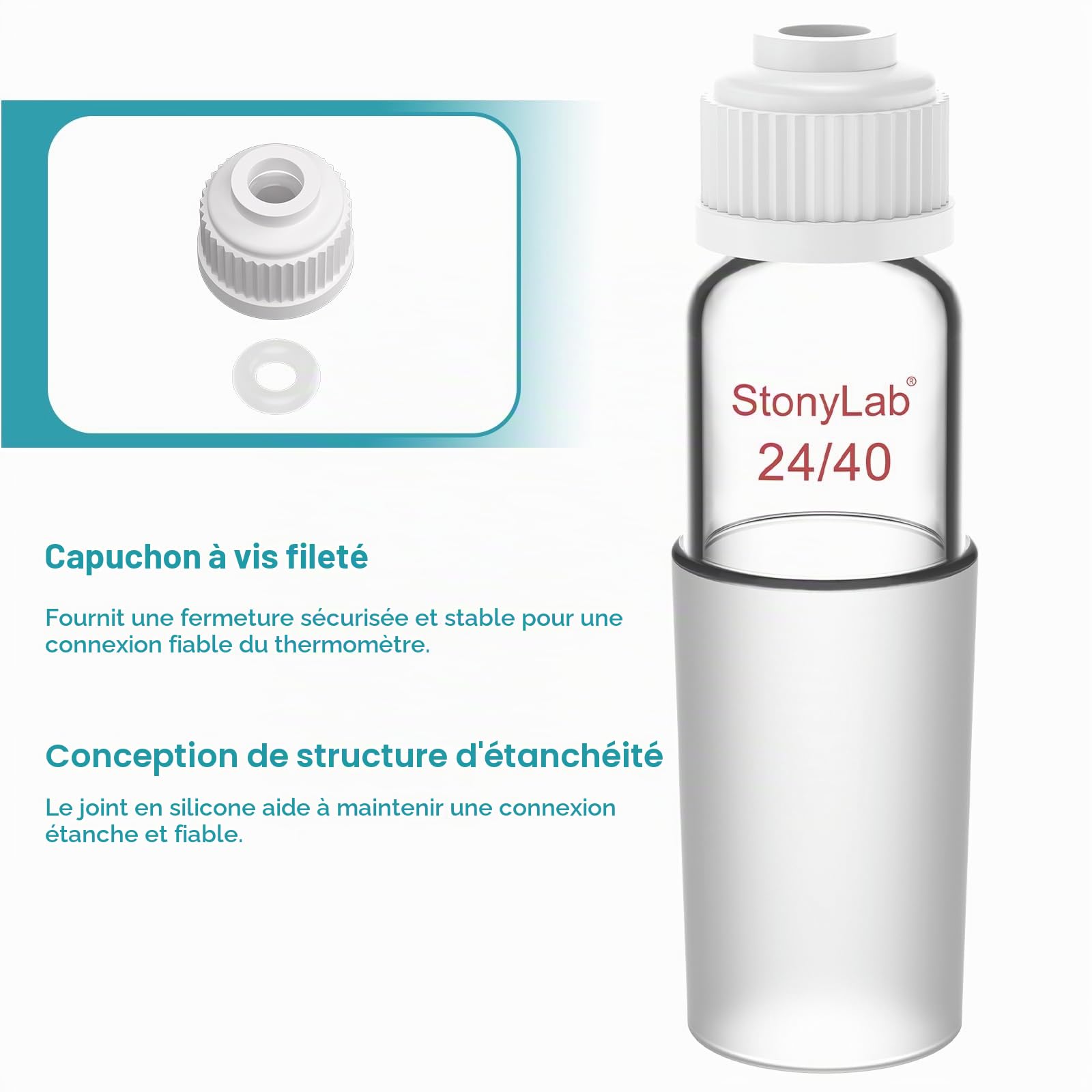 StonyLab Thermomètre Inlet Adaptateur avec 24/40 Joint Intérieur, 80mm de Hauteur, pour Appareil de Distillation