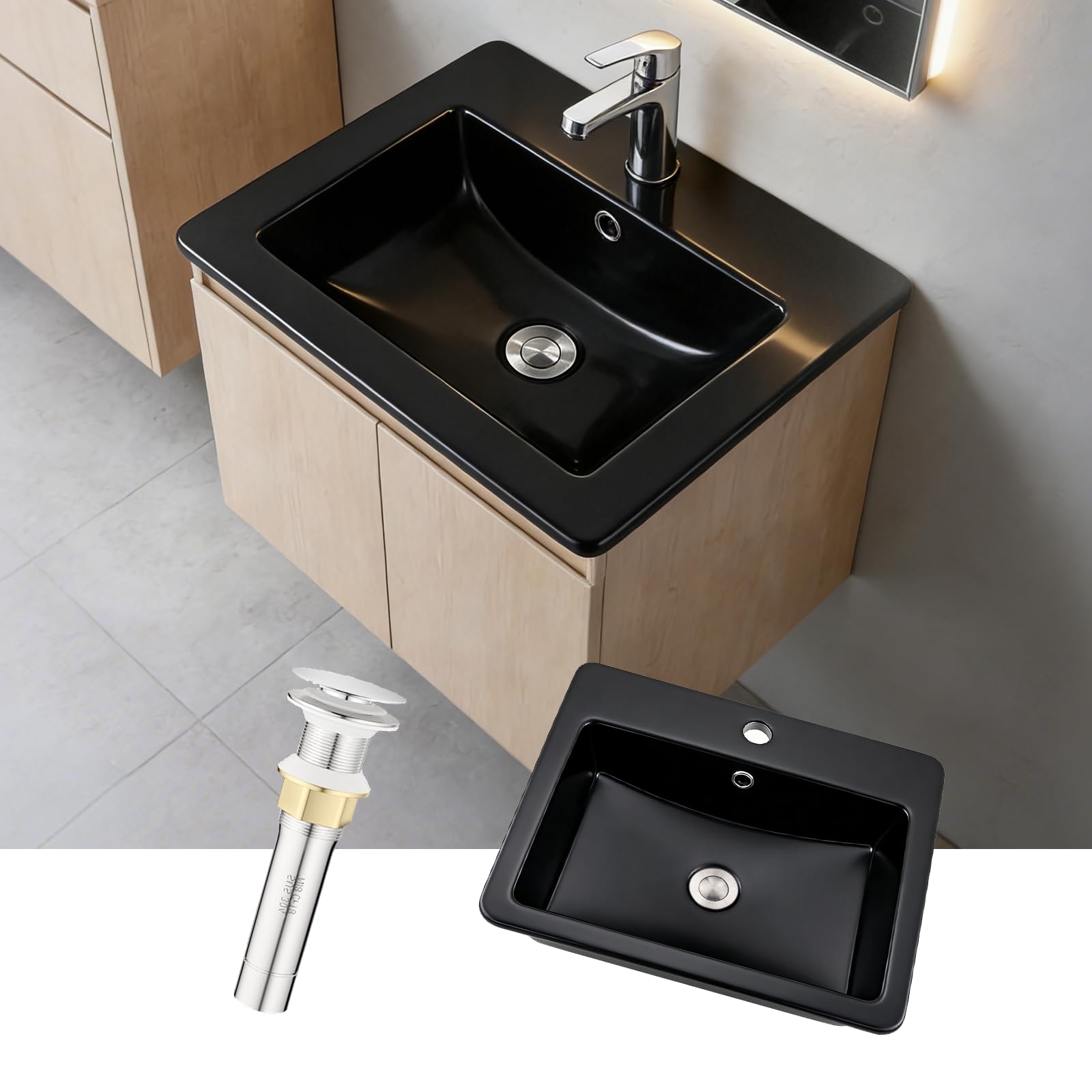 Lavabo en Céramique Noir Mat, 53 x 46 cm, Rectangle, Vasque à Encastrer Moderne, Lavabo de Comptoir avec Trou pour Robinet,Trop-Plein et Bonde de Vidange Escamotable en Acier inoxydable, Salle de Bain