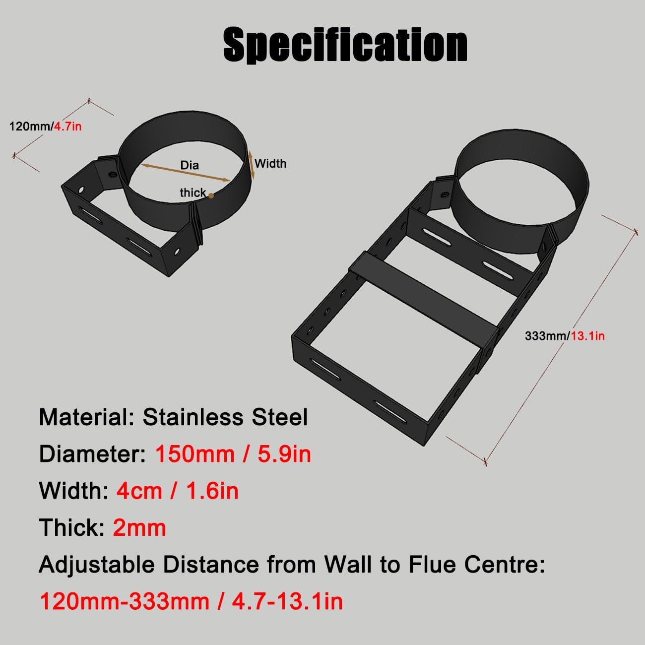1 soporte de pared for tubo de chimenea de 150 mm - Soporte ajustable de acero inoxidable for chimeneas y estufas de leña(Silver)