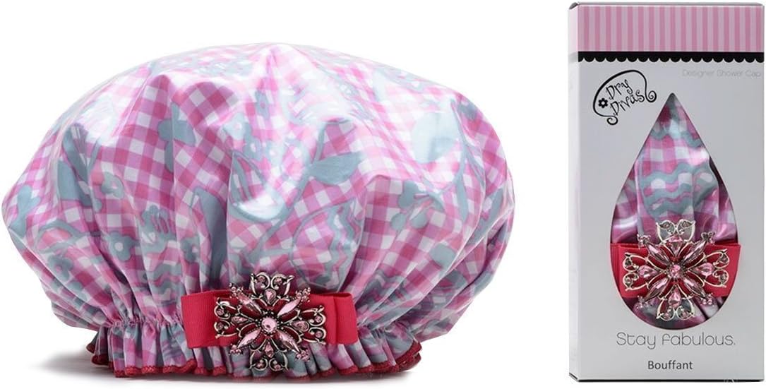 Designer Shower Cap - Washable, Reusable - Large Bouffant With Vintage Jeweled Brooch (Glorious Gingham)