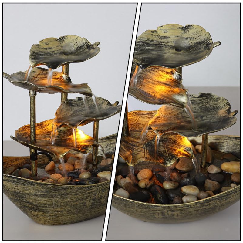 Wasserbrunnen im Barren-Stil Lotusblatt-Design Wasserfall-Ornament Desktop-Brunnen Heimdekoration -Nachtlicht-Funktion