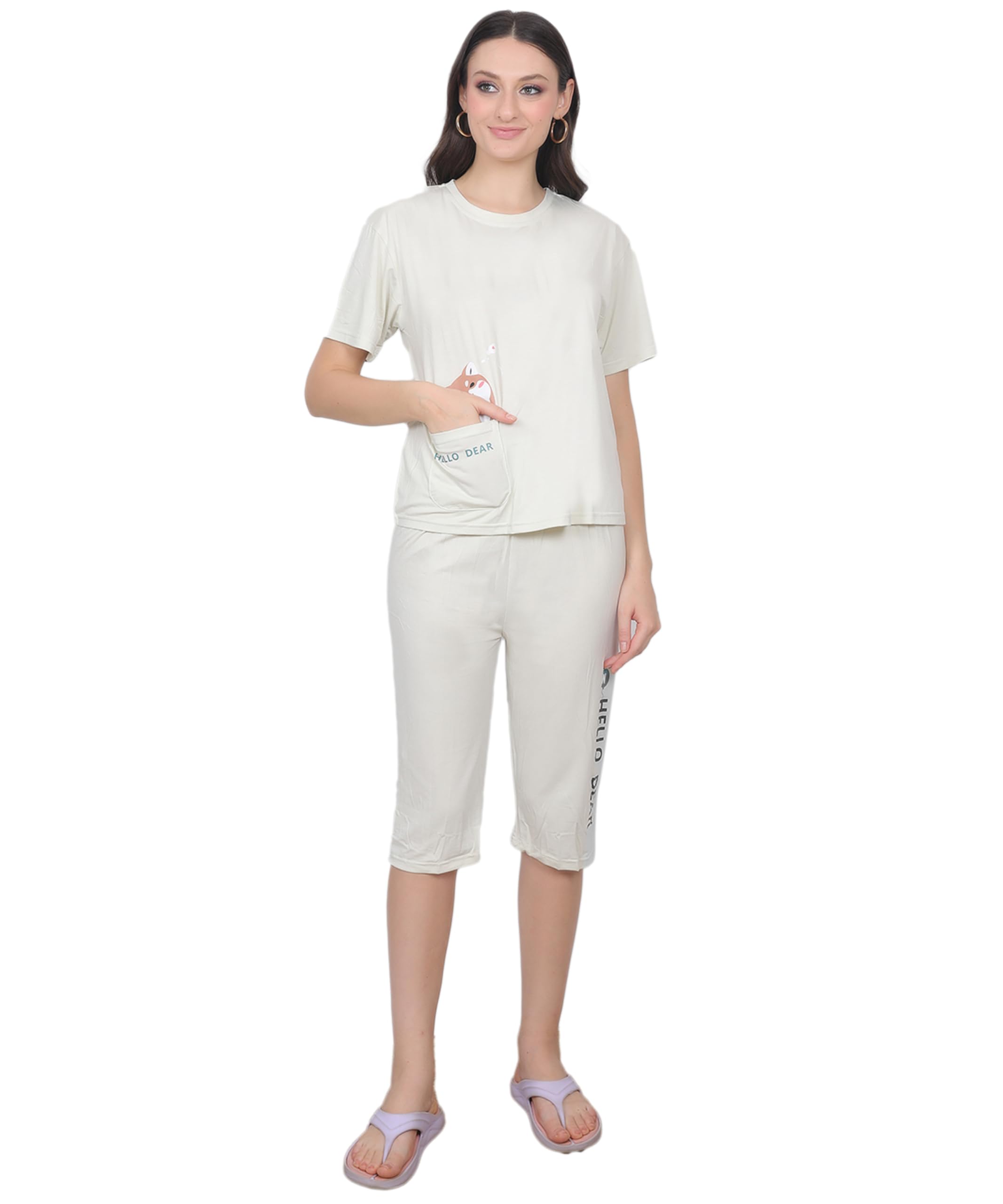 Women's Cotton Printed T-Shirt & Capri Co-Ord Set (IN, Alpha, 2XL, Regular, GREEN)-image-1