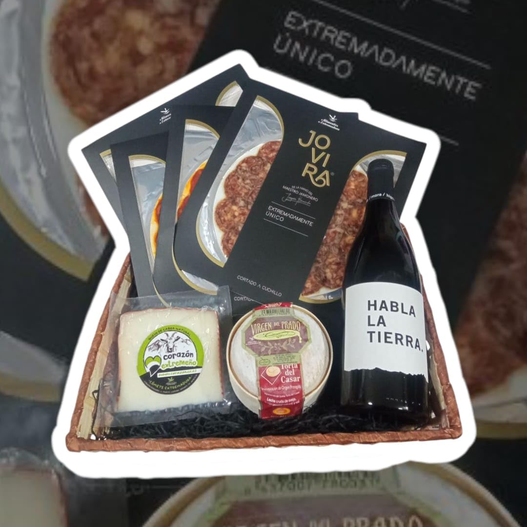Cesta Gourmet Empresas – Loncheados Jamón de Cebo Ibérico 50% Chorizo y Salchichón 100% Bellota Lomo de Cebo Ibérico 50% Vino Tinto Habla de la Tierra Ibérico Premium de Extremadura CORAZON EXTREMEÑO