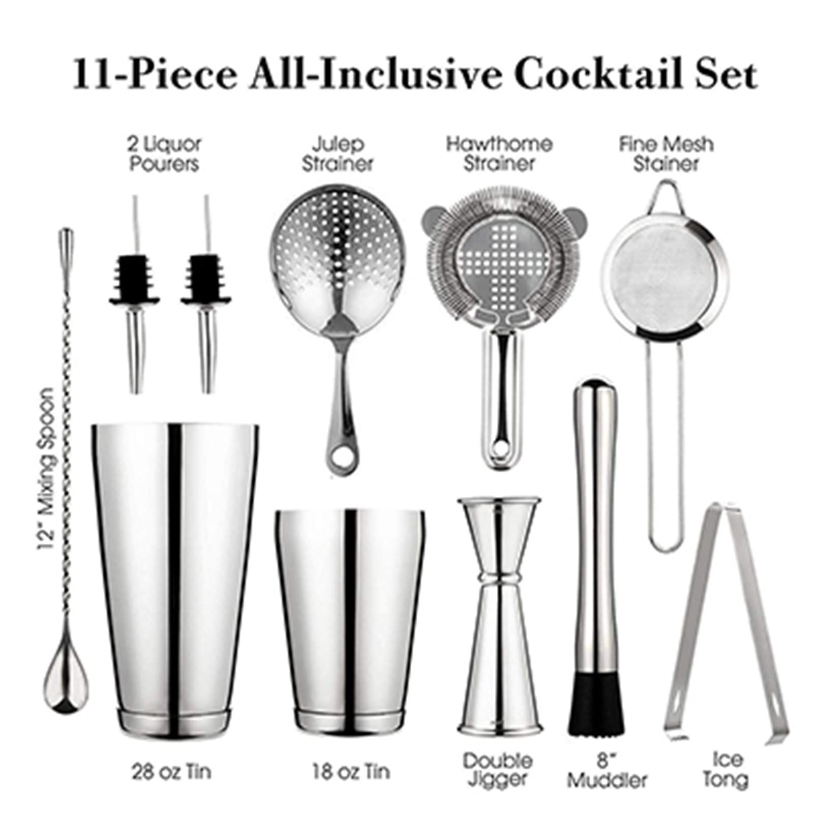Utensilios de Cocina 11 Piezas Conjunto de coctelera Cóctel Boston Shaker Bartender Kit Coctelera ponderada Latas Colador Muddler Ice Tond Jigger Muddler Utensilios de Cocina (Color : Silver)