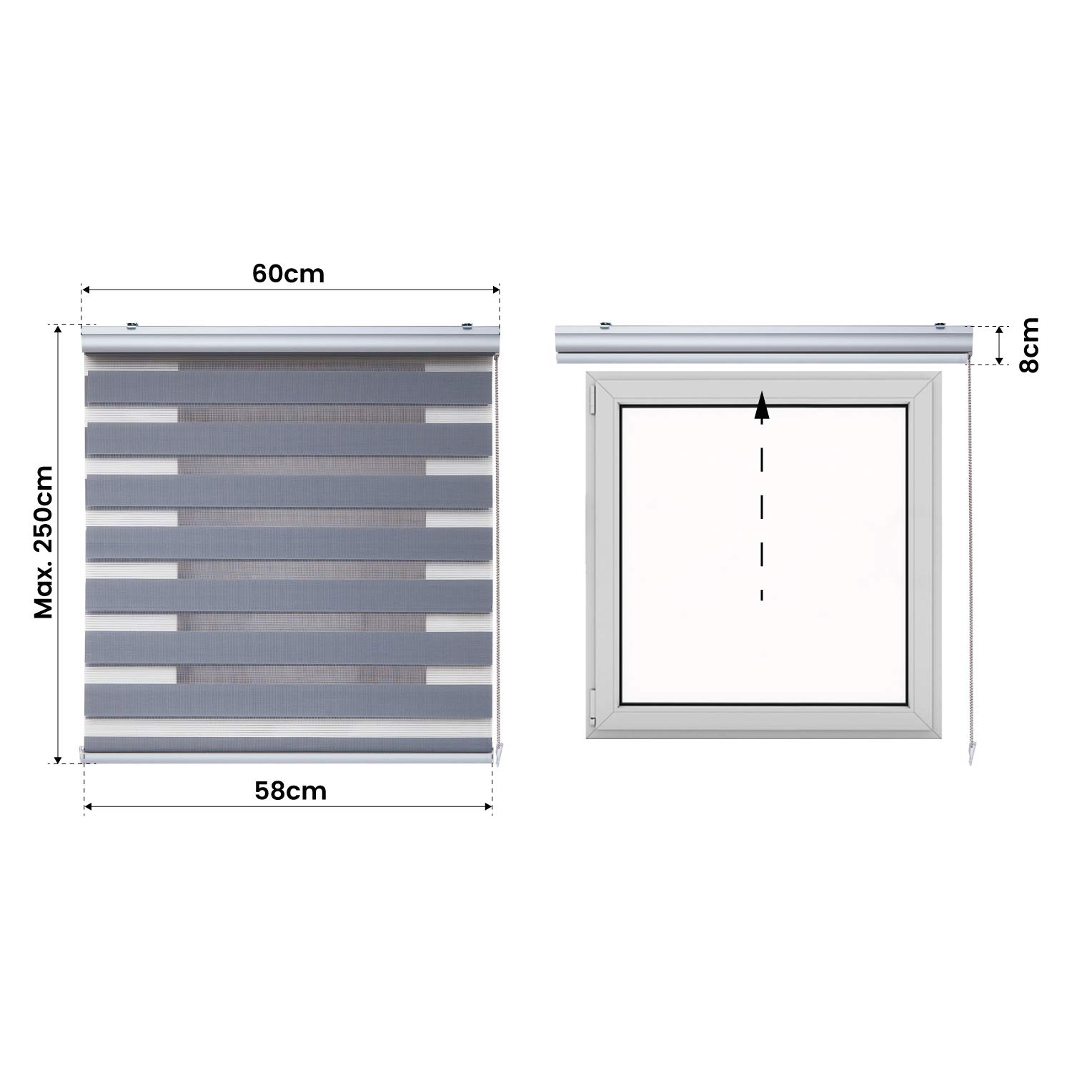 Estores Noche y Día Premium Alta Gama Fácil instalación 60x250 cm Plata | Estor con galería redonda y cadeneta en aluminio de Máxima Calidad para ventanas. El ancho de la tela mide 58 cm StoresDeco