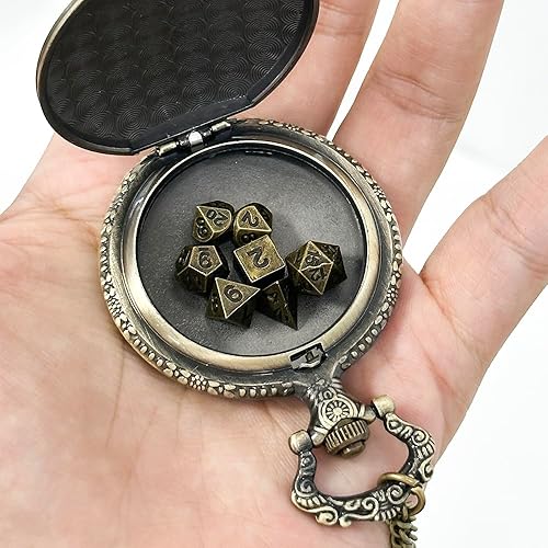Miniatura 3 de Juego de dados pequeños con estuche de metal para reloj de bolsillo, bolsa de dados para collar, juego de dados DND de metal pequeño antiguo
