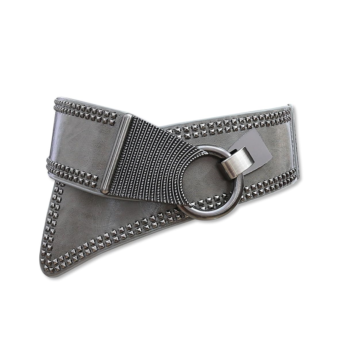 Lumisyne Women's Grey Wide Elastic Belt For Punk Rivet Elasitc Belt Pu Leather Stretchy Belt With Metal Oblique Hook Buckle Corset Waist Belt Retro Cinch Belt For Dress Shirt Overcoat