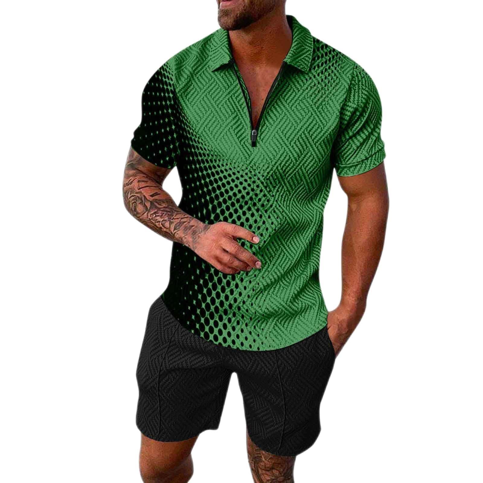 UwdiohqMens Suits Short Sleeve Pullover Tops Quarter Zipper Colored Polka Dot Printed Blouse with Shorts Summer Casual Set Fashion Daily Suit for Outdoor