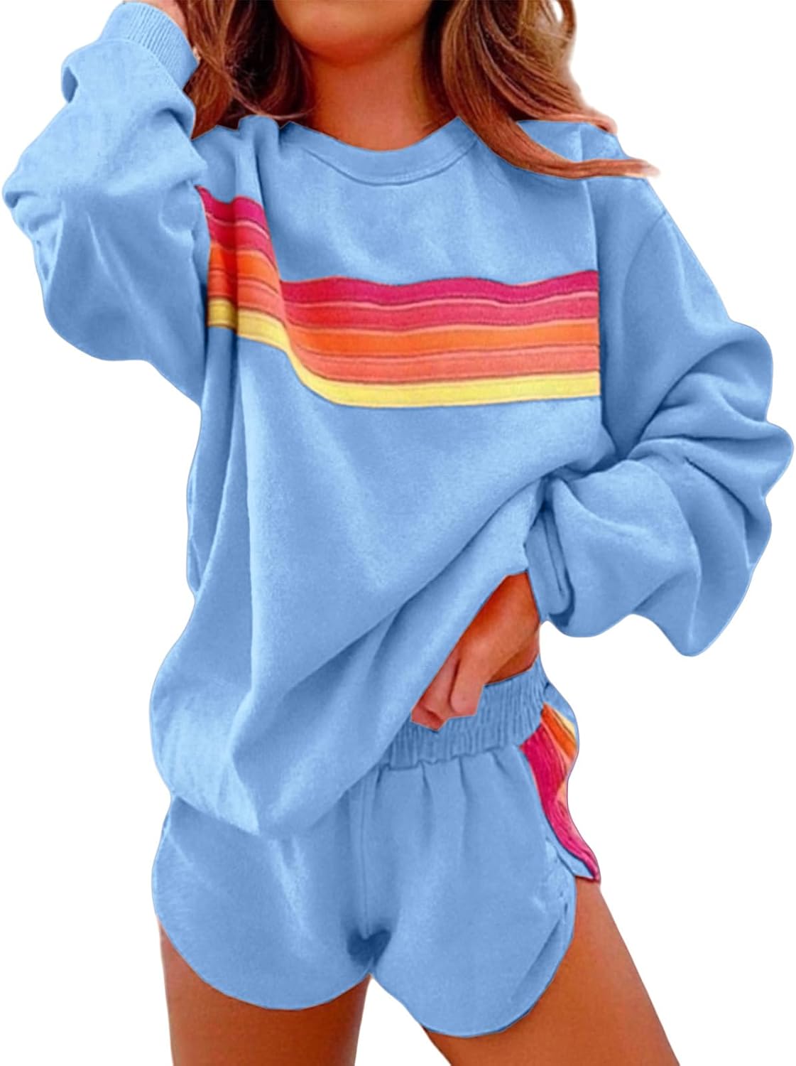 Two Piece Workout Sets for Women Rainbow Striped Sweatshirts High Waist Sweatpant Matching Lounge Set