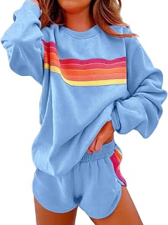 Women's 2 Piece Lounge Sets Rainbow Striped Tops Casual Shorts Color Blocked Suit Athletic Outfits Sweatsuits