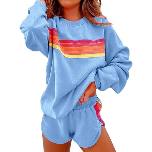 2 Piece Lounge Sets for Women Rainbow Striped Outfits Casual Long Sleeve Sweatshirt Shorts Trendy Matching Sweatsuit