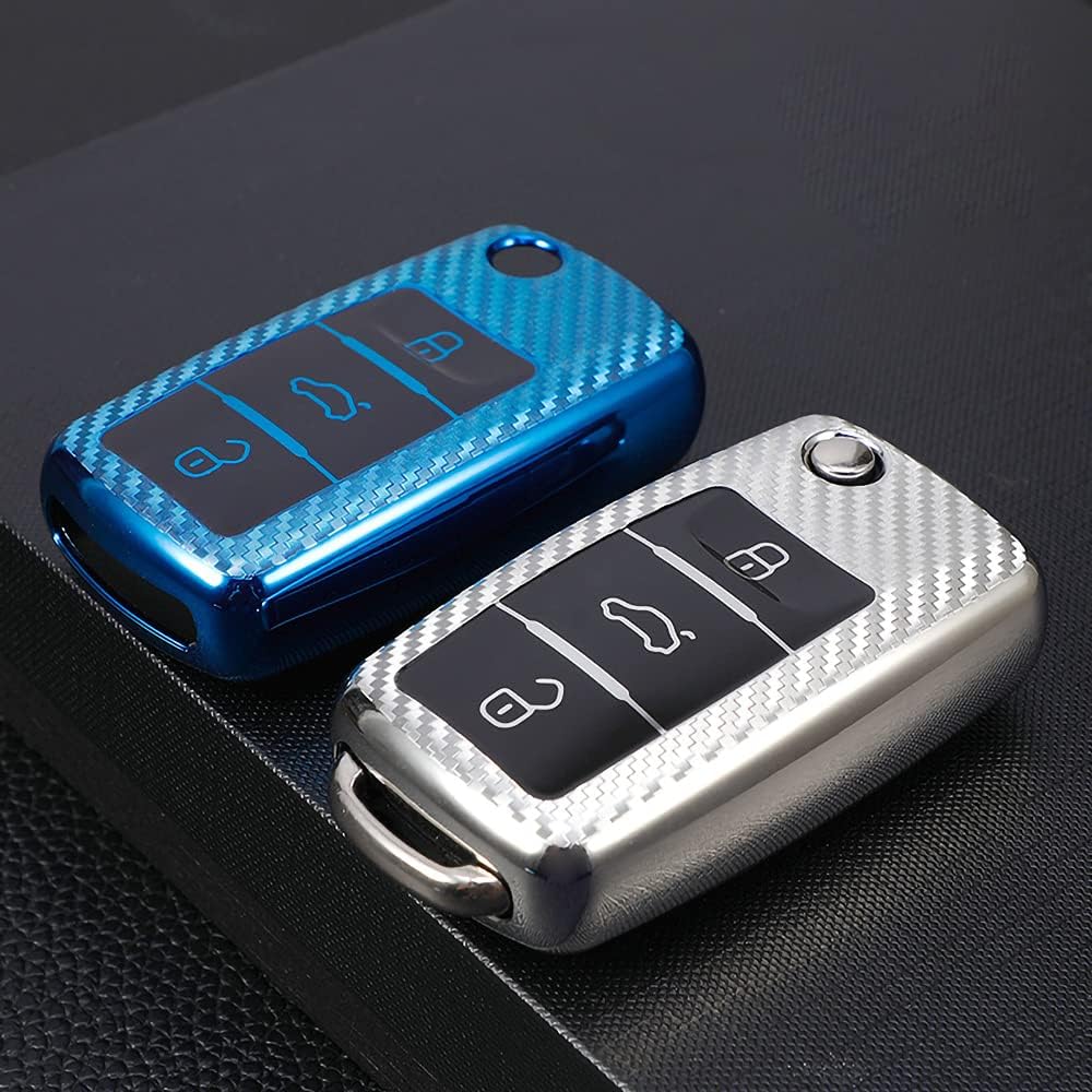 RXXR Car Key Fob Cover Compatible with VW Volkswagen Polo Golf 4/5/6 Multivan T5 Caddy Jetta Bora Superb Passat Skoda Fabia Seat Ibiza 3 Buttons Car Key Cover Case with Keychain - Image 4