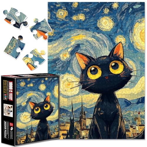 Puzzle de 1000 Piezas para Adultos, Gato Negro Noche Estrellada, Arte de Pintura al Óleo Inspirado en Van Gogh, Puzzle de Animalito para Juego Familiar y Decoración del Hogar (MZ408) miniatura 1