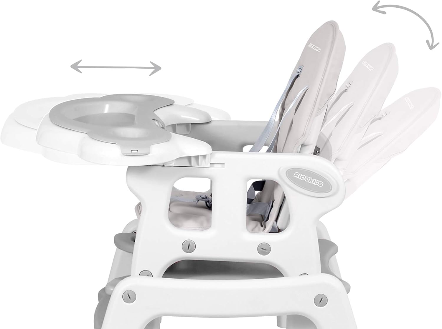 Diagram showing recline and tray adjustment mechanisms on Ricokids Sinco High Chair