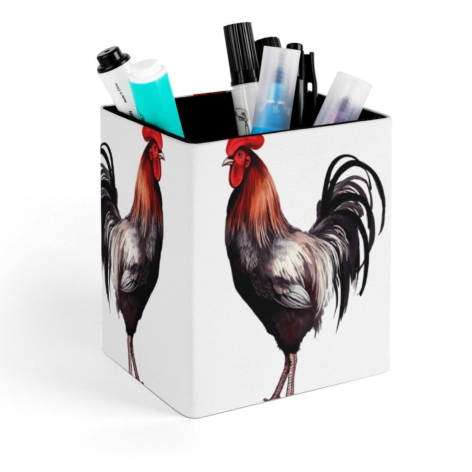 FekiLoot Rooster Pencil Holder for Desk Square Leather Pen Holder Cup Desktop Organizer Multi-Functional Pencil Cup Holders Modern Decorative Desk Organizer Caddy Makeup Brush Holders