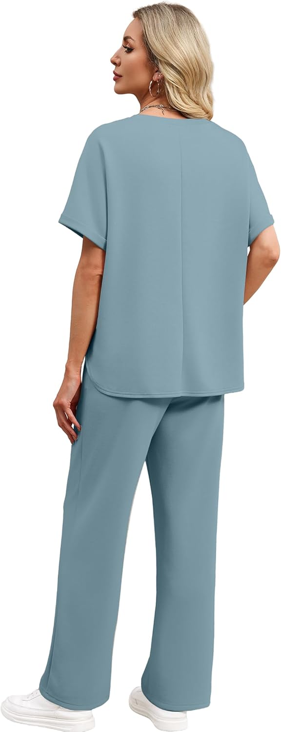 Sampeel Lounge Sets for Women V Neck Turn-UP Sleeves Tops Wide Leg Pants 2 Piece Sets Oversized Summer Vacation Outfits 2026 - Image 5