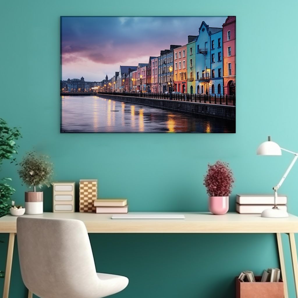 Canvas for Living room. Riverside Serenity at Dusk - How Vibrant Hues Paint the Perfect Evening Palette, 27 x 18 inch Canvas Wall Art - Contemporary Masterpieces - Modern Home Decor