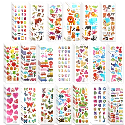 60 Sheets 3D Stickers for Kids & Toddlers, Self-Adhesive Puffy Stickers Variety Pack Includes Animals Letters Numbers Fruits Dinosaurs for Journal Water Bottles Scrapbooking Kids Classroom DIY Crafts