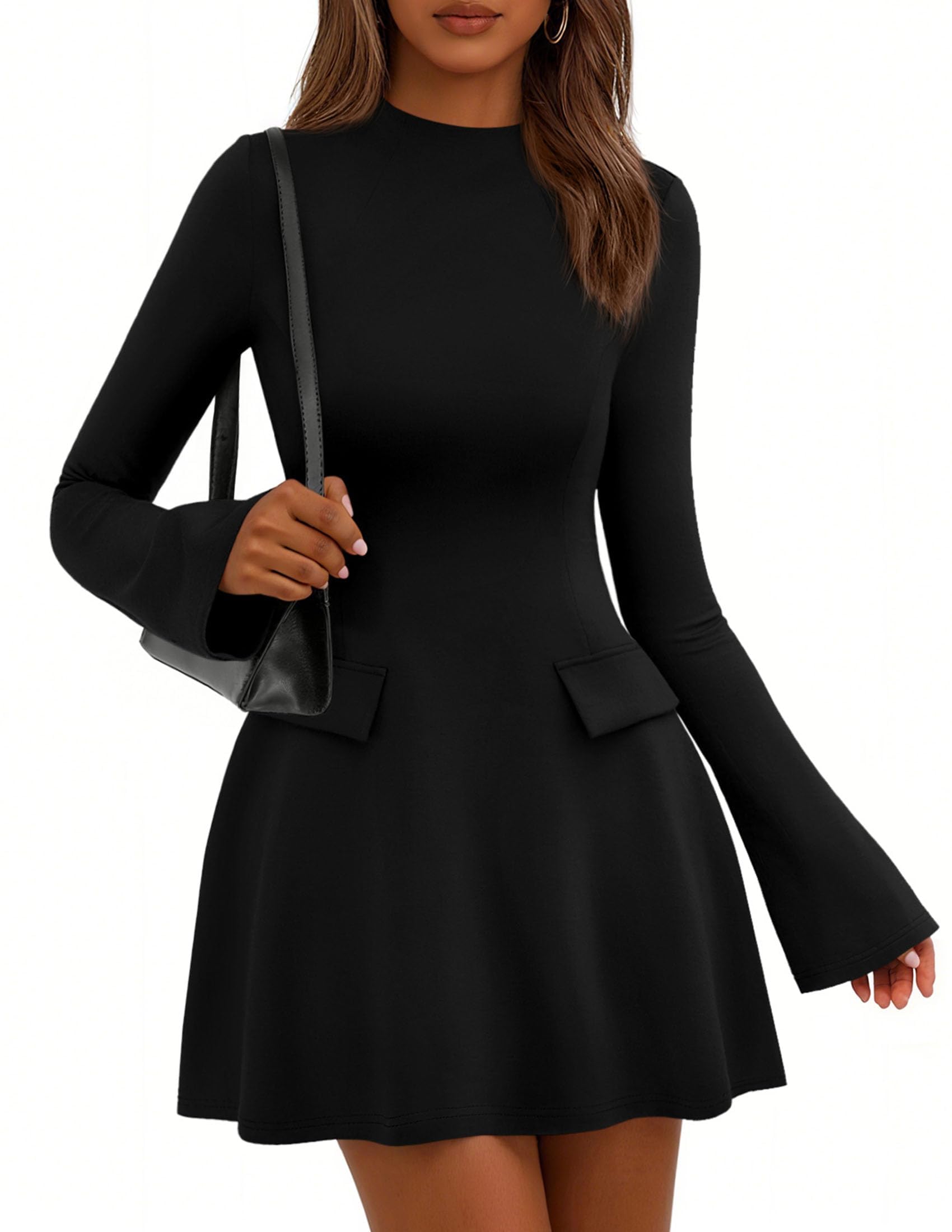PRETTYGARDEN Womens Elegant Holiday Short Dress 2025 Fall Bell Long Sleeve Mock Neck Work Business Casual Party Mini