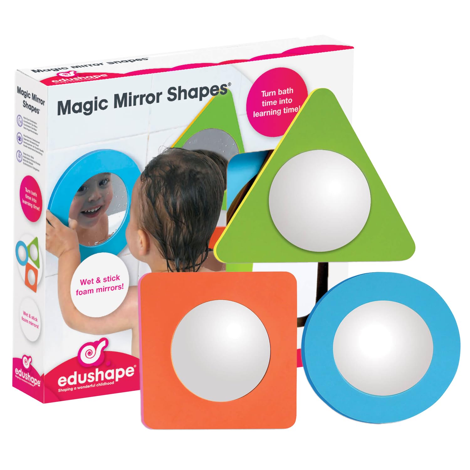 Edushape Magic Mirror Shapes Bath Toy Gift Set. 3 Fun Shaped, Bath-safe Mirrors that stick to any flat surface. Shape & Colour recognition. Suitable for Baby Boys & Girls from 12 months +