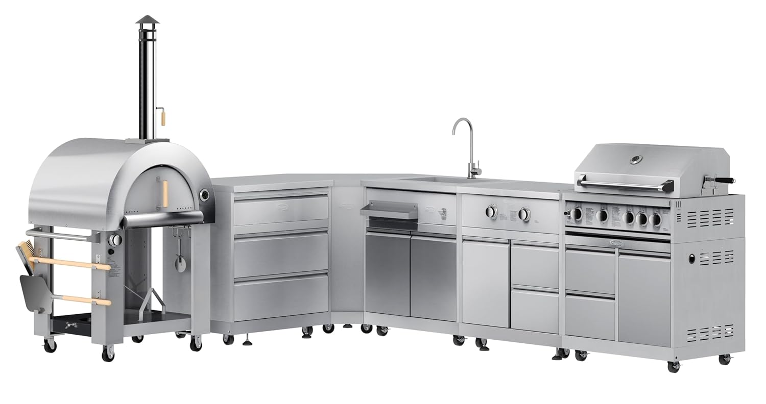 KoolMore Outdoor Kitchen Series Modular Kitchen with a Dual Fuel Pizza Oven, 3 Drawer Cabinet, Corner Cabinet, Sink, Side Buner, 30 in. BBQ Grill and Cabinet in Stainless-Steel (KM-OKSKIT-CONFIG111)