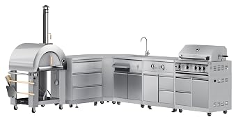 KoolMore Outdoor Kitchen Series Modular Kitchen with a Dual Fuel Pizza Oven, 3 Drawer Cabinet, Corner Cabinet, Sink, Side Buner, 30 in. BBQ Grill and Cabinet in Stainless-Steel KM-OKSKIT-CONFIG111