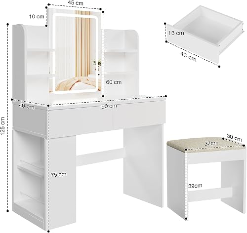 Airfish Dressing Table with LED Light,Vanity Desk with Mirror and Concealed LED Light Strip, MakeUp Desk with Two Drawers and One Sideboard,Modern (White + White, 90 x 40 cm) - 6