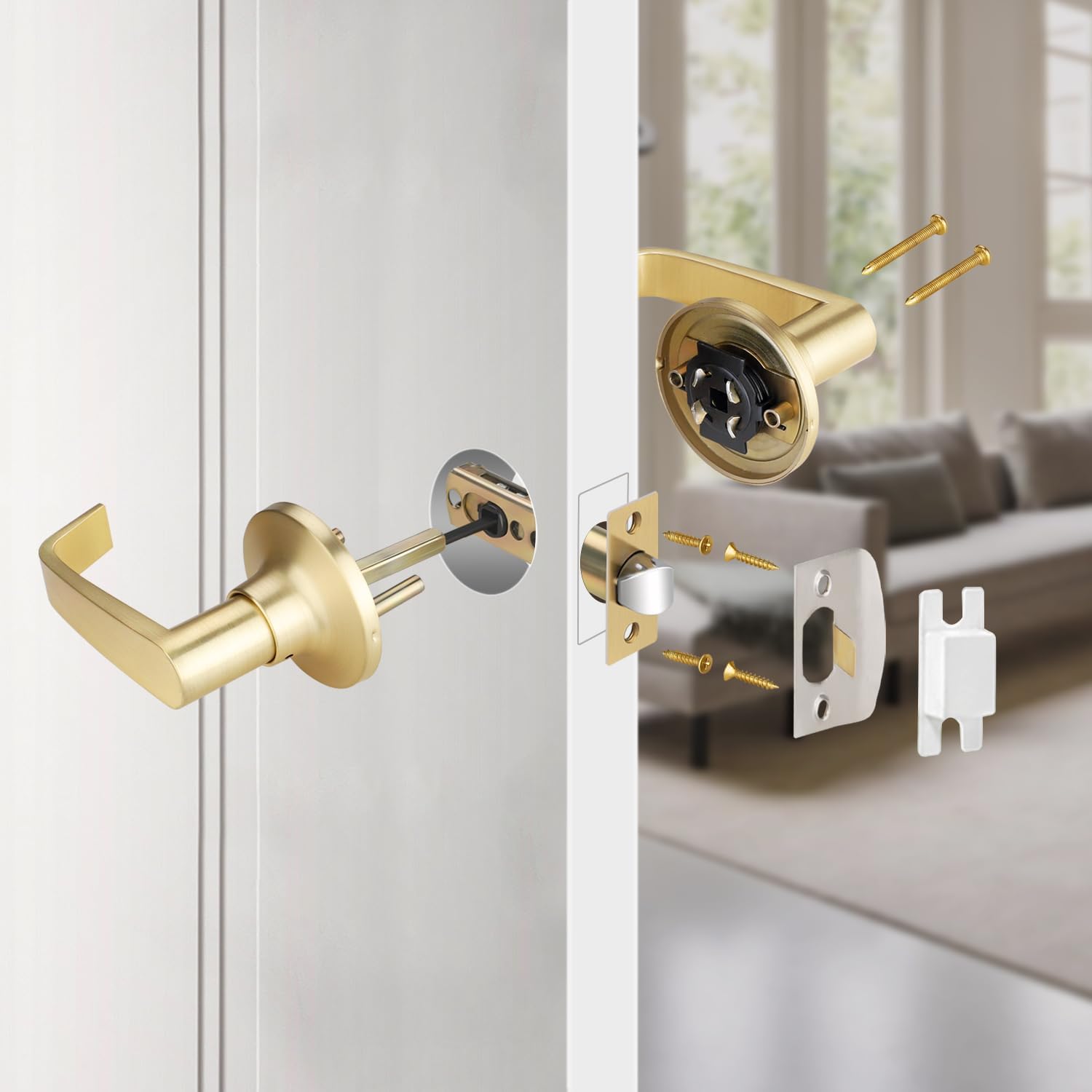 Gold Door Handles No Lock, 2 Pack Interior Door Knob, Closet Door Handles, Hall Door Knob Passage Function, Satin Brass Door Knobs, Reversible for Left/Right Opened Doors, Modern Door Lever