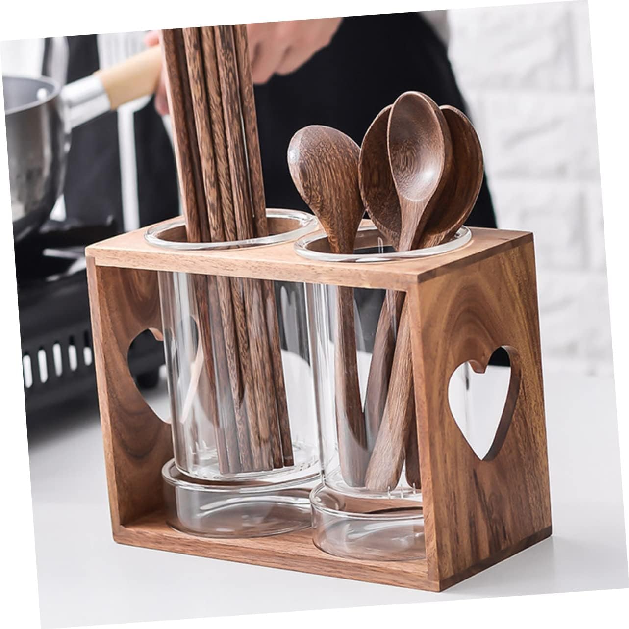 Chopstick Holder and Cutlery Storage Rack Bamboo Cutlery Organizer for Kitchen Glass Drain Holder for Household Use Suitable for Restaurants and Home Cooking