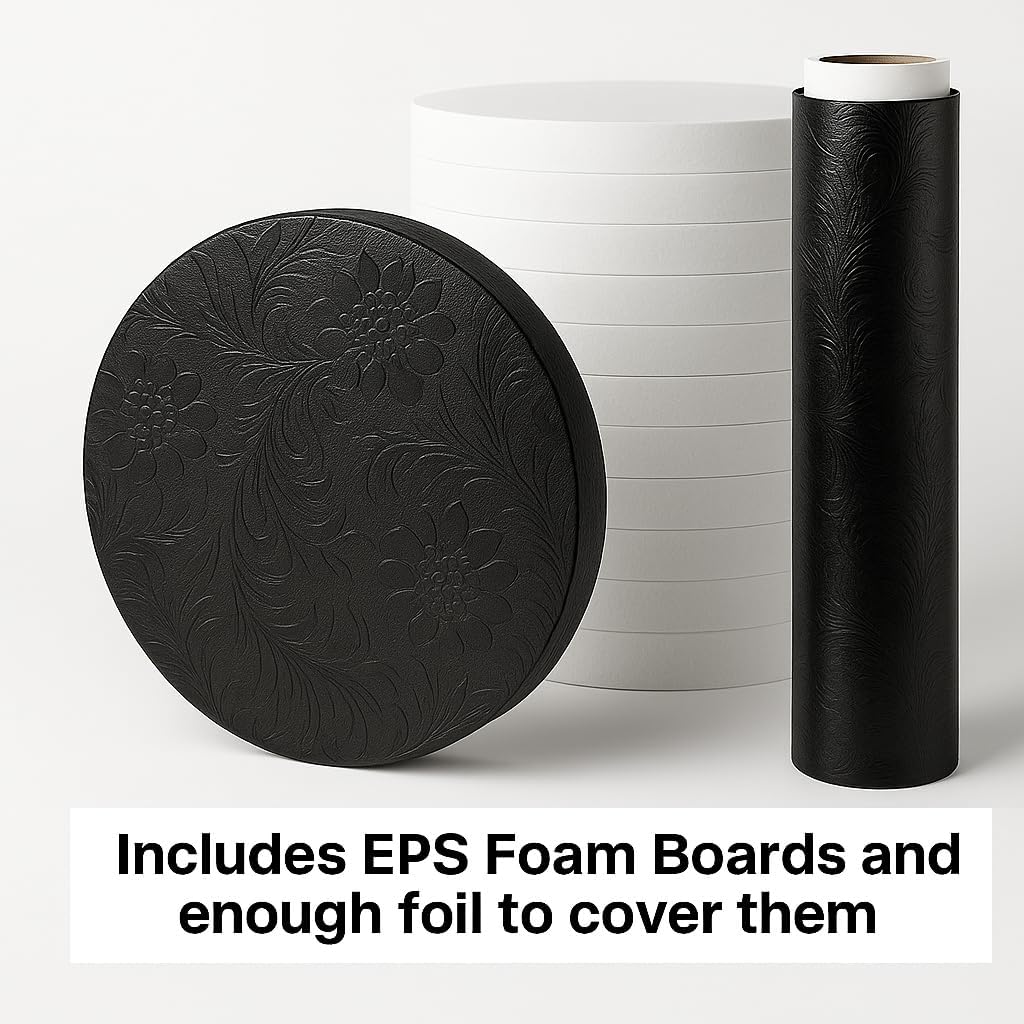 Oasis Supply DIY Cake Drum Kit – EPS Foam Boards with Embossed foil roll. Create Sturdy Round Cake Bases and Custom Cake Drums. Includes 18 Boards (10" Round, 1" Thick) and one (1) Black Foil Roll