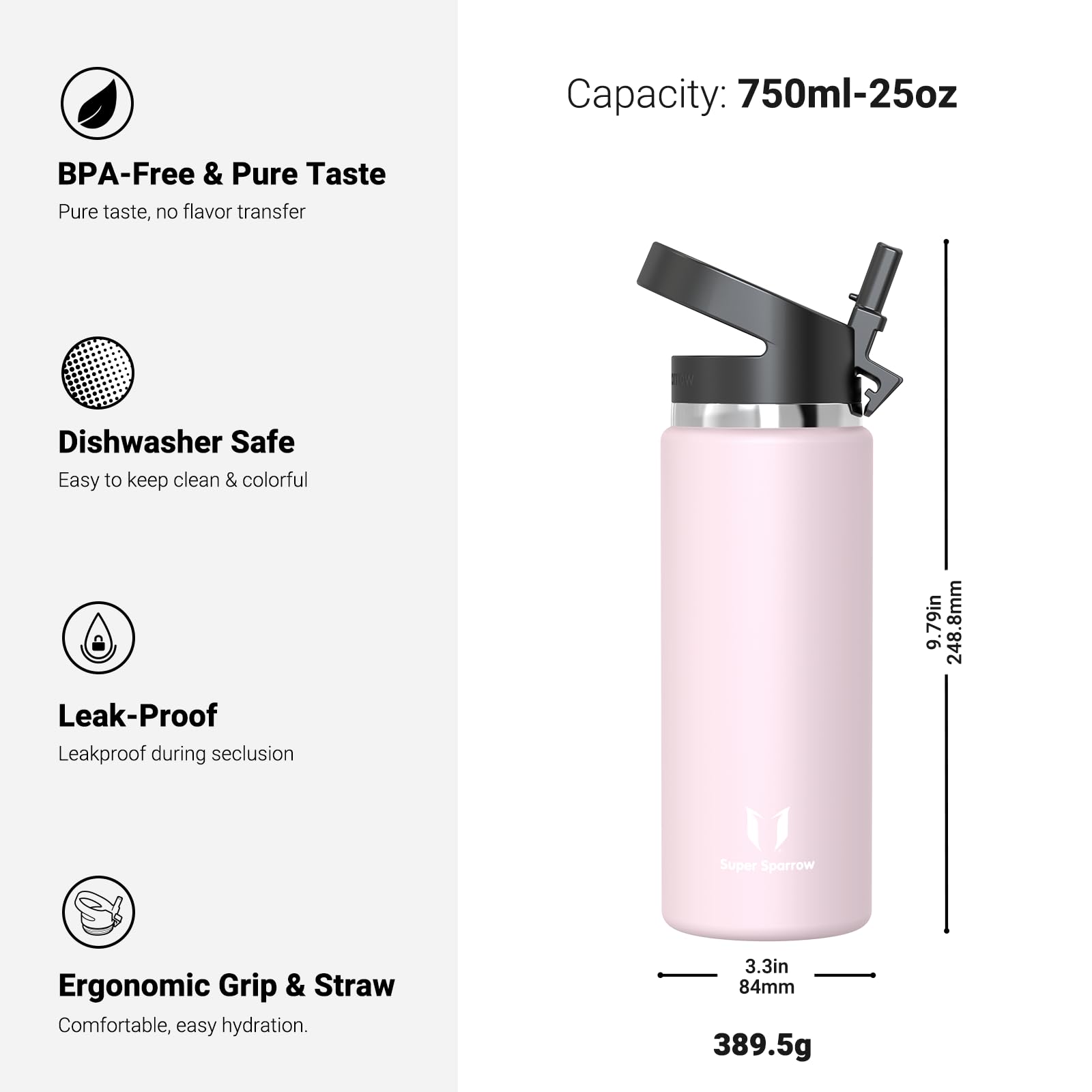 Super Sparrow Borraccia Termica - 500ml, 750ml, 1000ml, 1.2L, 1.5L- SwivelSip Inox Bottiglia - Senza BPA Borracce Termiche, Borraccia Ergonomica per Bambini, Sportiva, Bici, Campeggio, Palestra