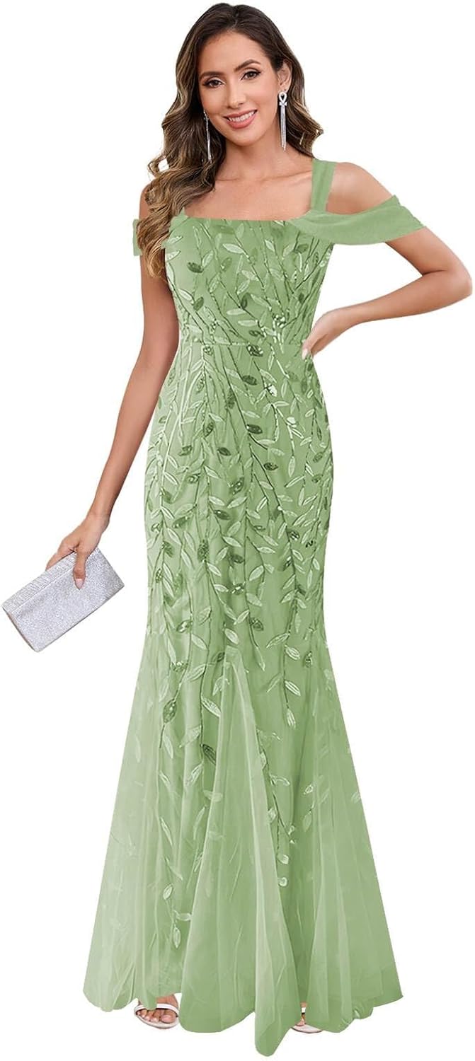 Mother of The Bride Dresses for Women - Sequin Tulle Off The Shoulder Long Wedding Guest Dress