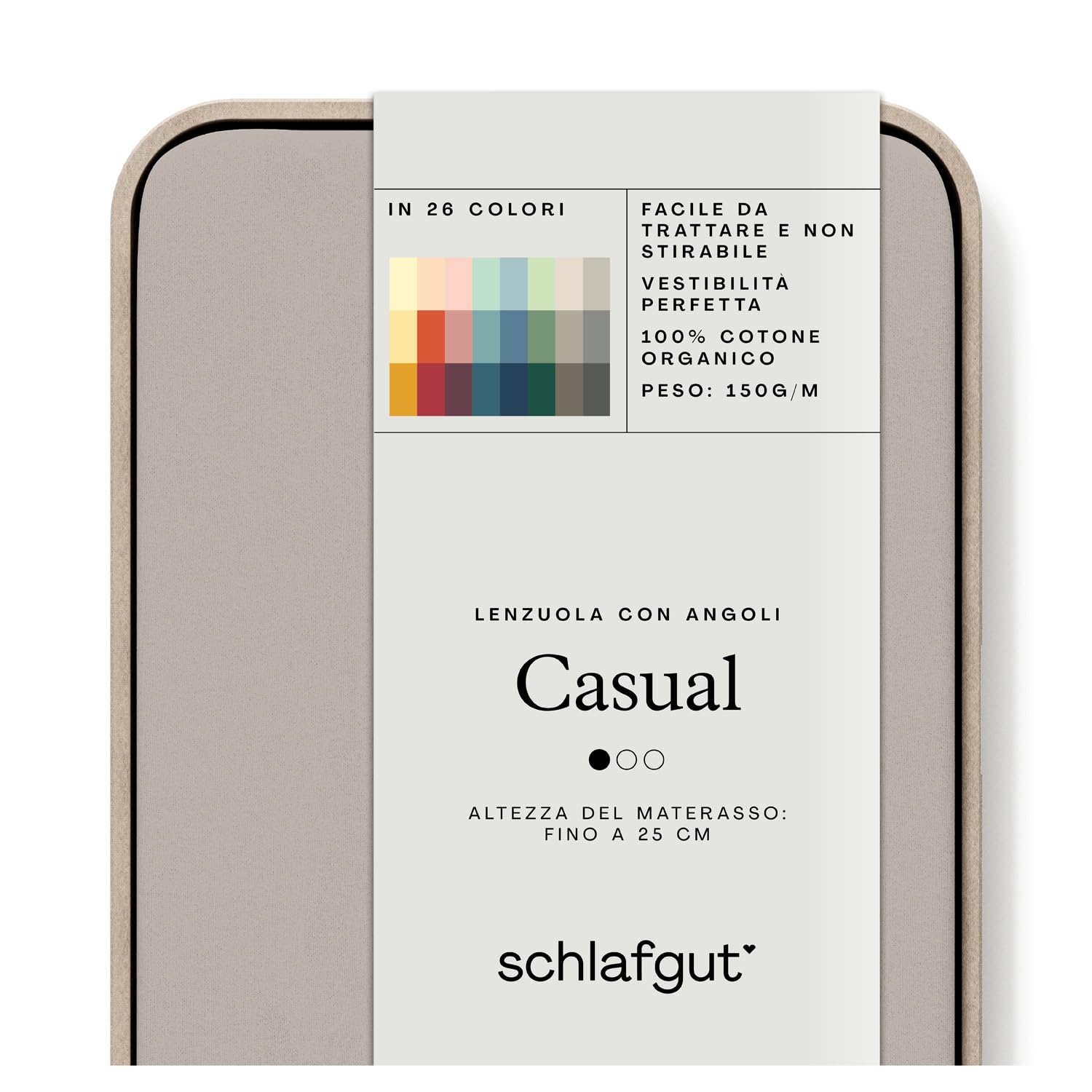 schlafgut Casual Lenzuolo con angoli da 180x200cm a 200x200cm, 100% cotone organico, Sand Mid