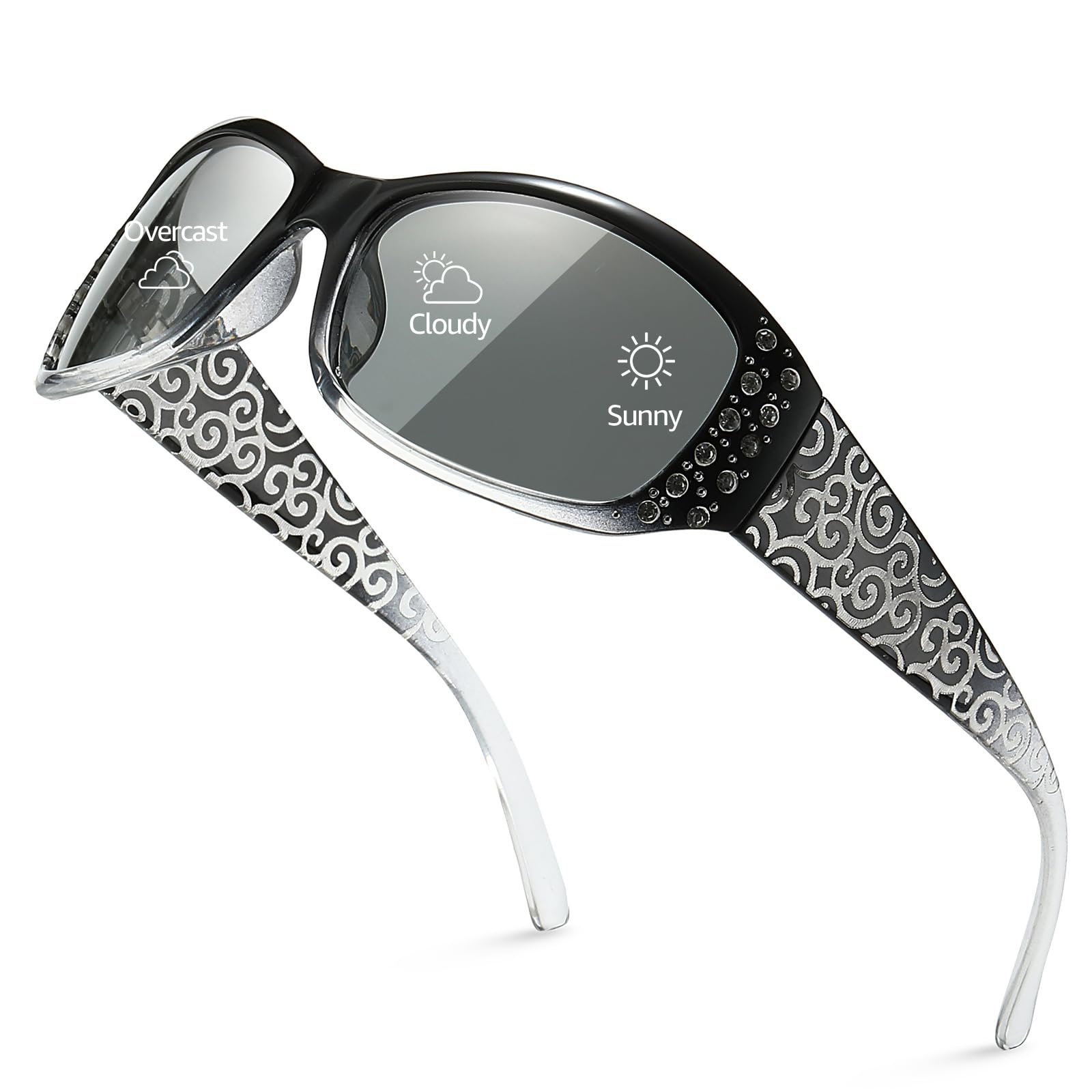 TJUTR Polarisierte Selbsttönende Sonnenbrille für Damen mit UV400 Schutz Adaptive Lens und Strass Dekoration Wellenmuster Bügel für Autofahren, Sport & Alltag