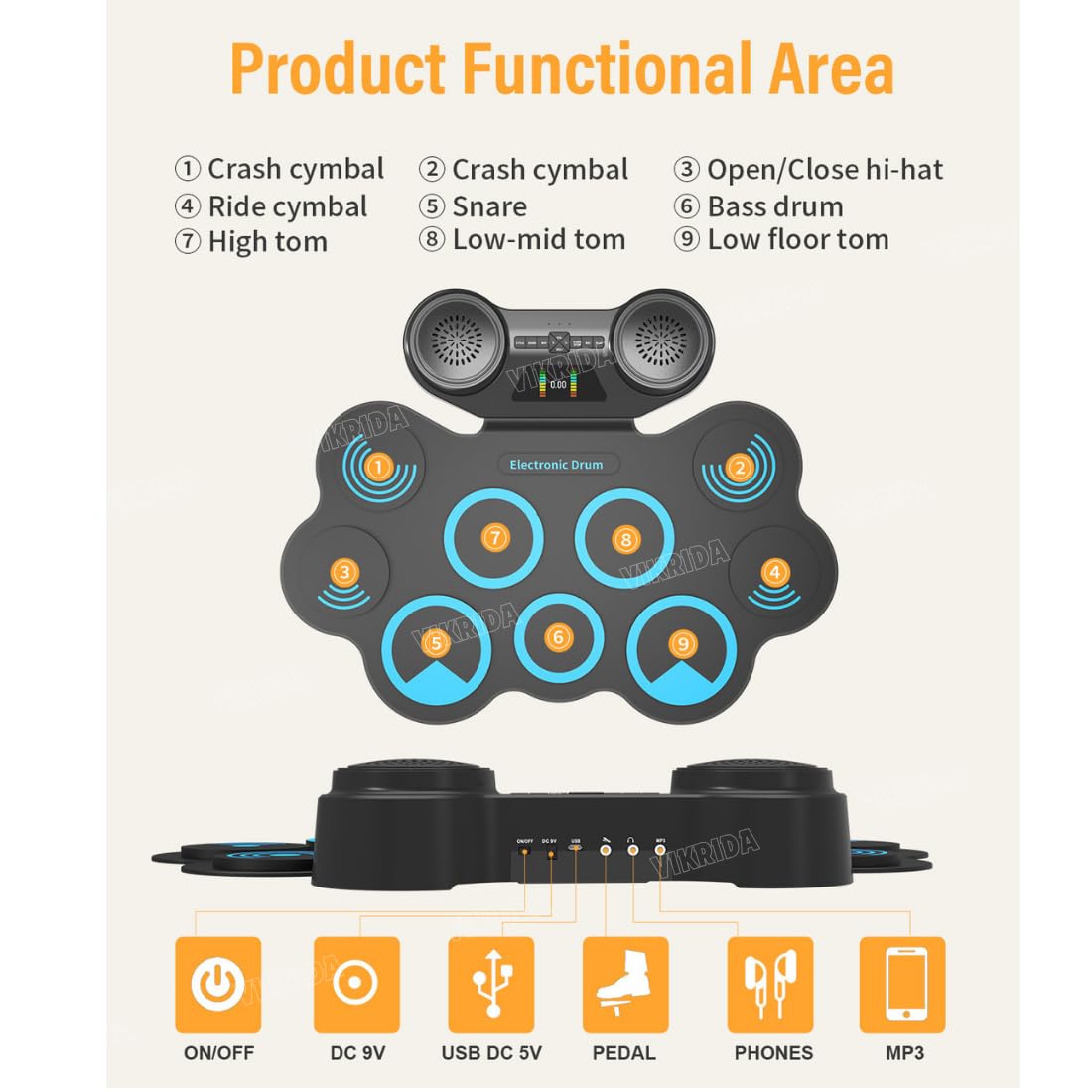 VikriDA Electronic Drum Pad Set | Foldable Roll-Up Digital Drum Kit with Bluetooth MIDI Support, Built-in Stereo Speakers & Drumsticks 2