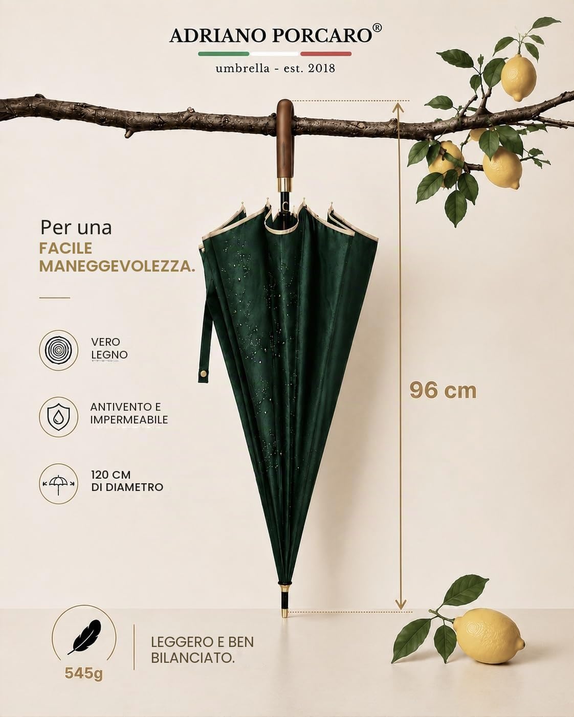 Ombrello automatico, ombrello a bastone antivento in legno, rinforzo in fibra a 12 pieghe, grande, stabile e resistente al vento, diametro 115 cm