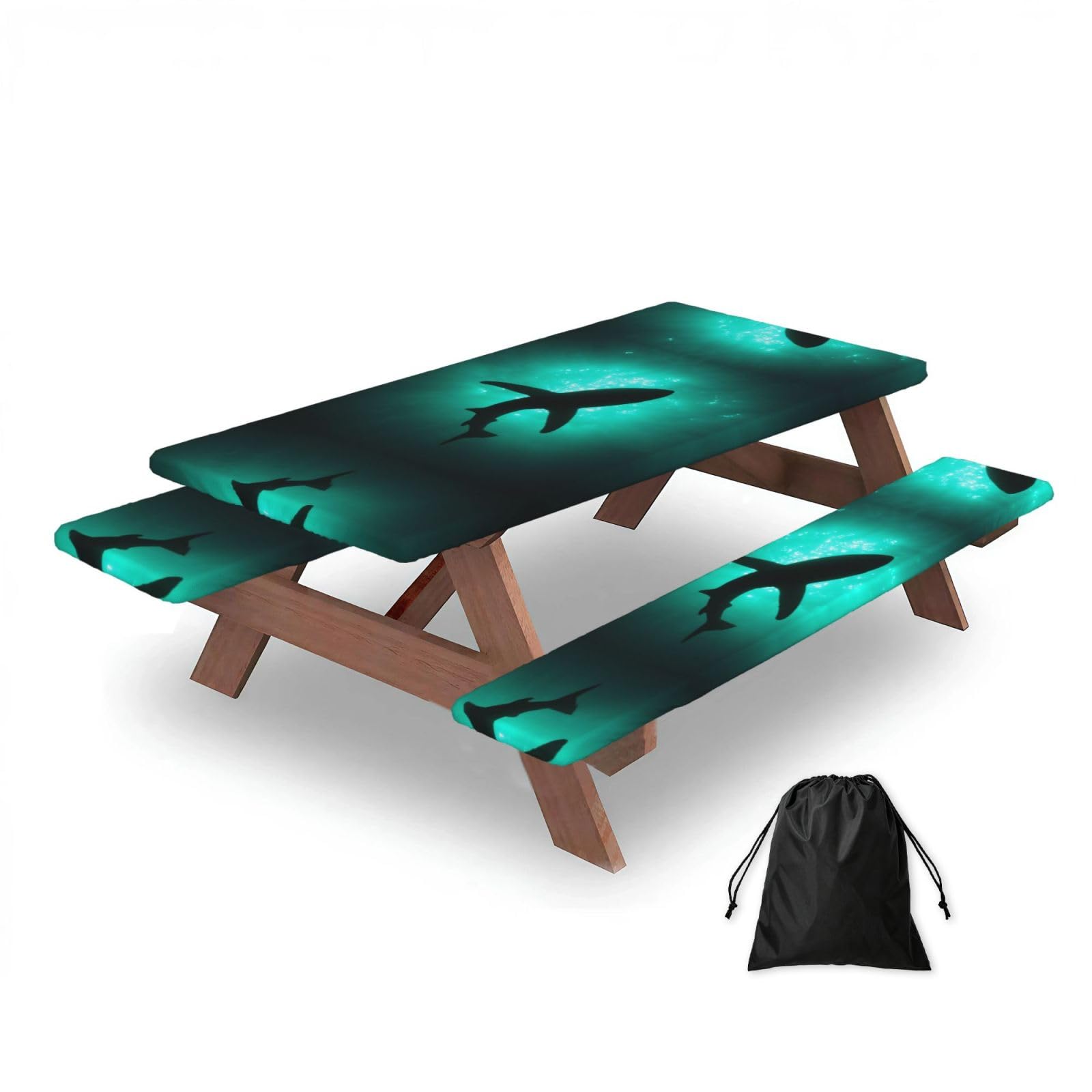 ESNAIUVCD Undersea Black Whales Print Picnic Table Cover With Bench Covers,Camping Essentials,Fitted Tablecloth Cover With Elastic Edge, For Indoor & Outdoor 3 Pcs