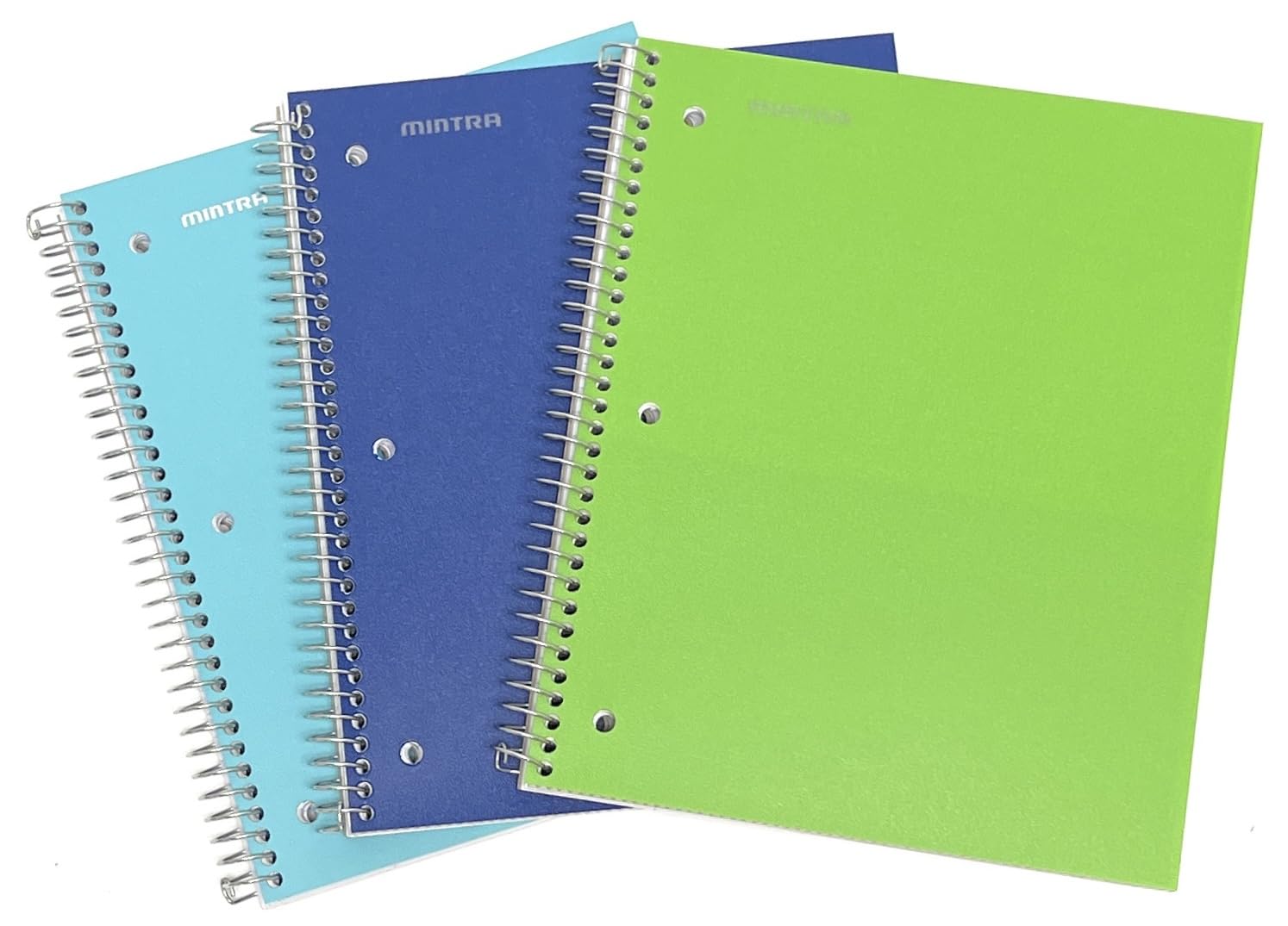 Mintra Office Durable Spiral Notebooks, 3 Subject (Teal, Blue, Green, Wide Ruled 3pk)
