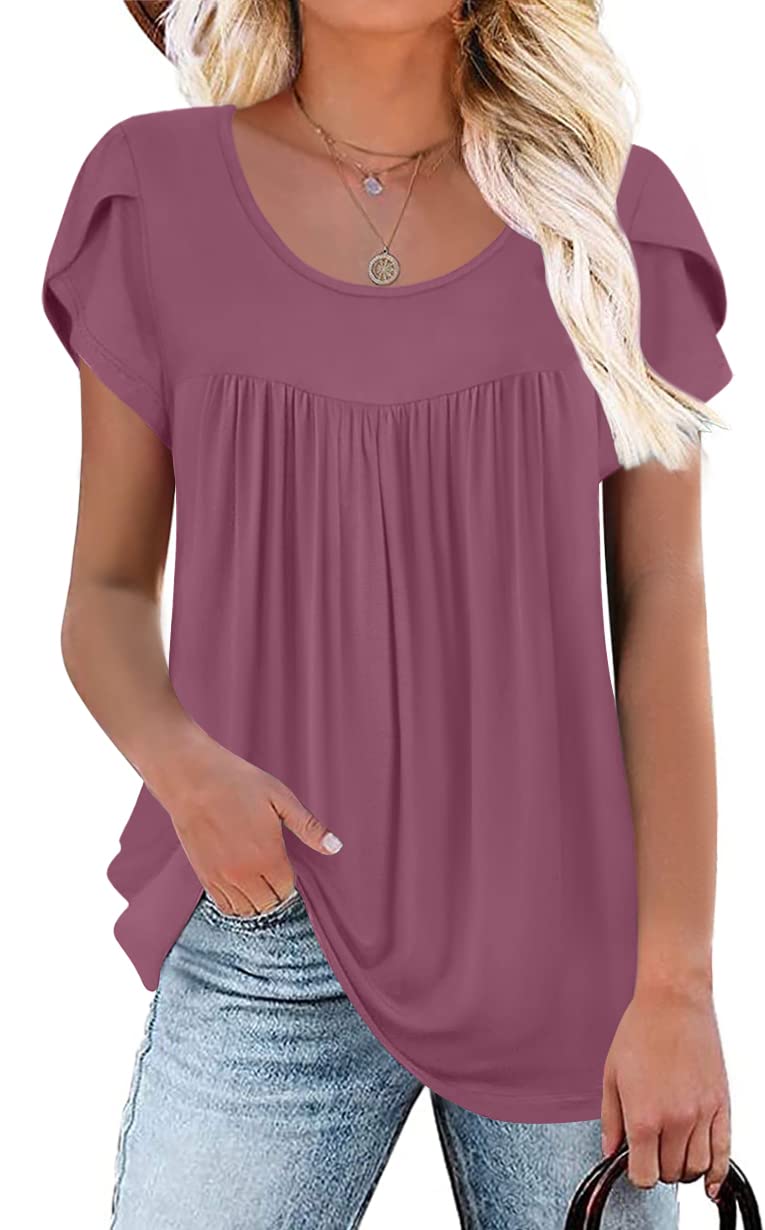 Anymiss2023 Womens Summer Tunic Tops Casual Petal Short Sleeve Blouse Loose Fit Hawaiian Shirts