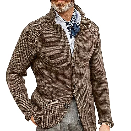 evzosrz Men Cardigan Sweater Open Front Stand Collar Chunky Button Long Sleeve Slim Fit Ribbed Knitted Sweater with Pockets - Main Image