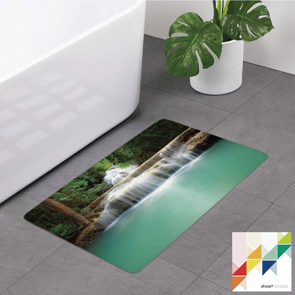 Bathroom Rug,Waterfall,Falling Stream Waterfall Natural Pond Thailand Vacation Theme Print,Almond Green Brown White, Non Slip Coral Velvet Foam Bath Mat,Soft Absorbent Shower Mat Kitchen Rug