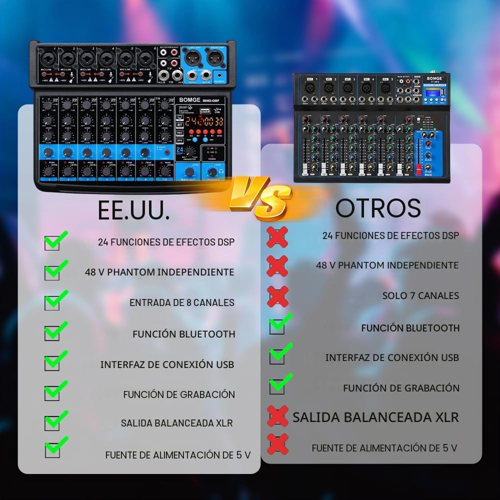 BOMGE Mini mezclador de audio de 8 canales, CC 5 V, con reproductor de MP3, Bluetooth, U disco 48 V, efectos 24DSP, grabación USB, ideal para clubes pequeños o bares, grabación de estudio (8 canales