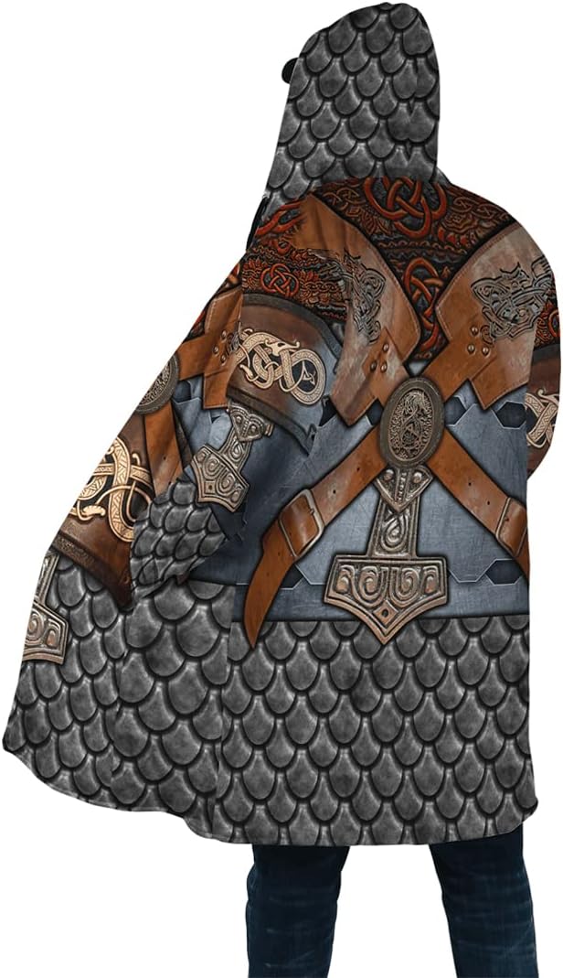 Viking Warrior Armor Jacket Winter Warm Mid-Long Jacket 3D Printing Casual Coat Nordic Retro Hooded Cloak