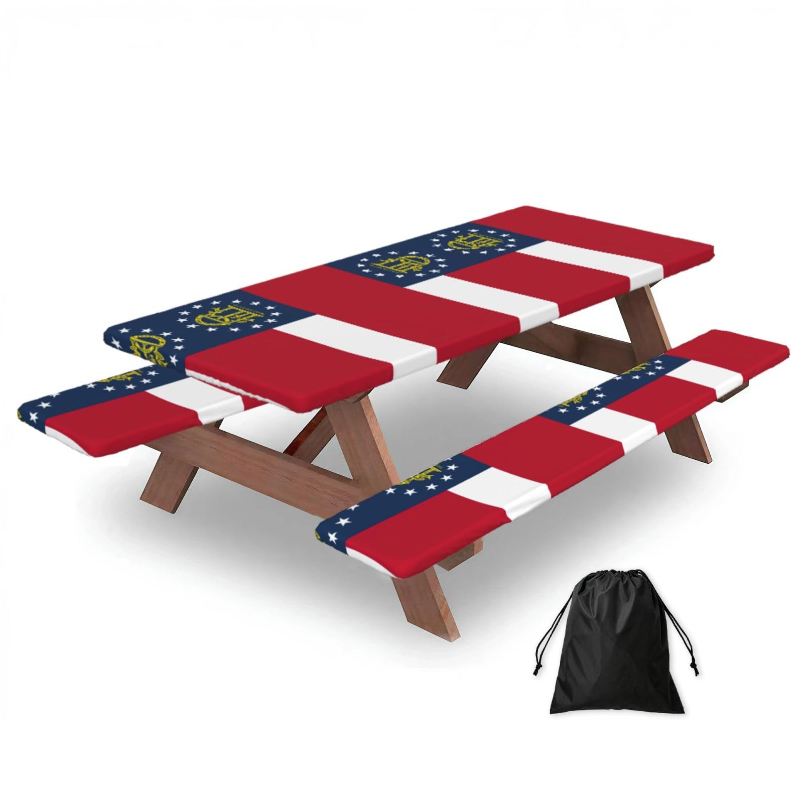 Yqxwjl Black Georgia Flag Print Camping Essentials Waterproof Camping Table And Bench Cover With Drawstring Bag 183 Cm