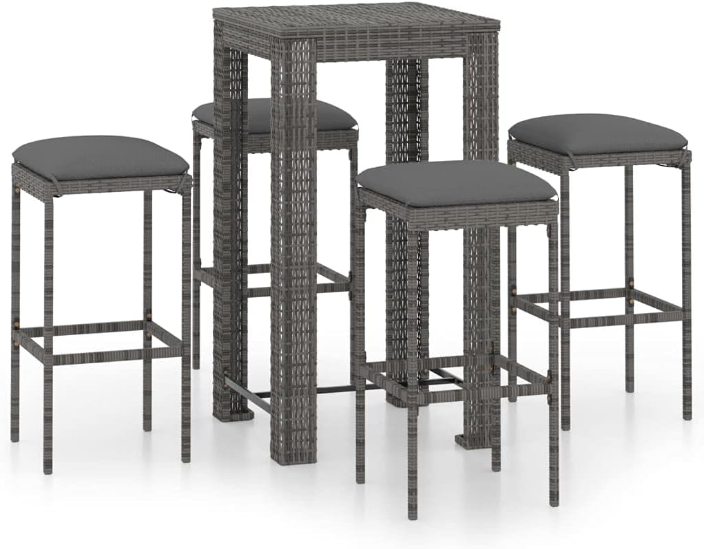 vidaXL Patio Bar Set 5 Piece, Bistro Set for Outdoor Porch Yard, Bar Stool with Cushions, Bistro Table, Farmhouse Modern Style, Poly Rattan Gray