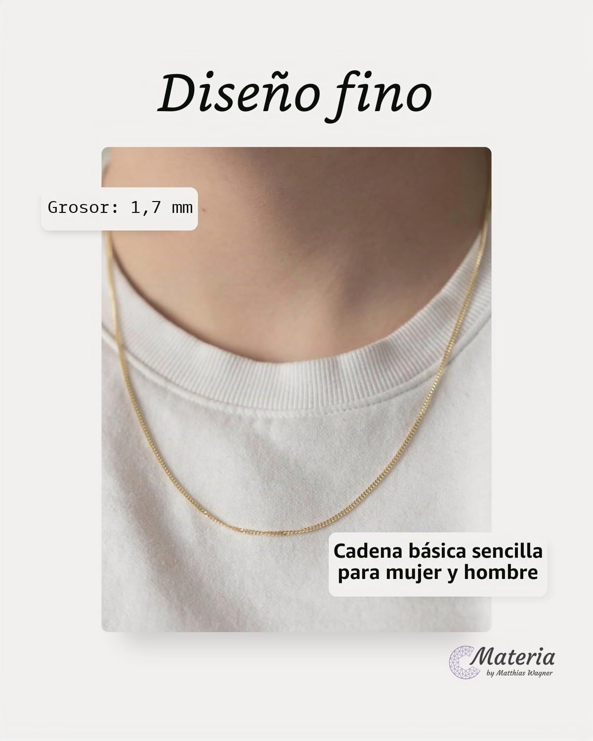 Cadena fina de oro de 1,7 mm de plata de ley 925 para colgante K88, departamento, Plata, Sin piedra preciosa | Delicado collar para hombre y mujer con chapado en oro resistente al agua en 40-70 cm de MATERIA by Matthias Wagner