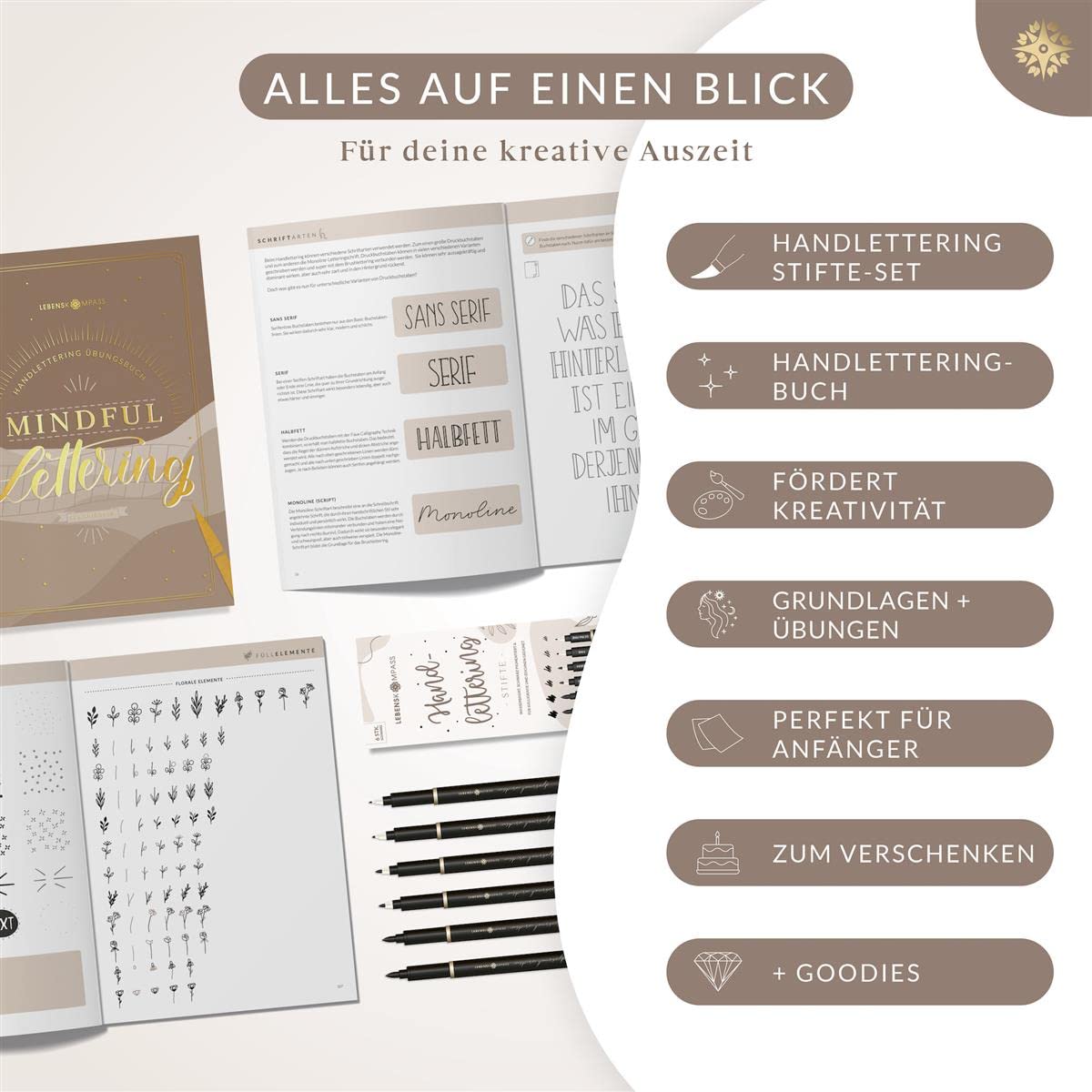 LEBENSKOMPASS Handlettering Starter Set mit Stiften und Buch für Anfänger ”Mindful Lettering” Kalligraphie und Hand Lettering lernen mit Übungsheft und Stiften